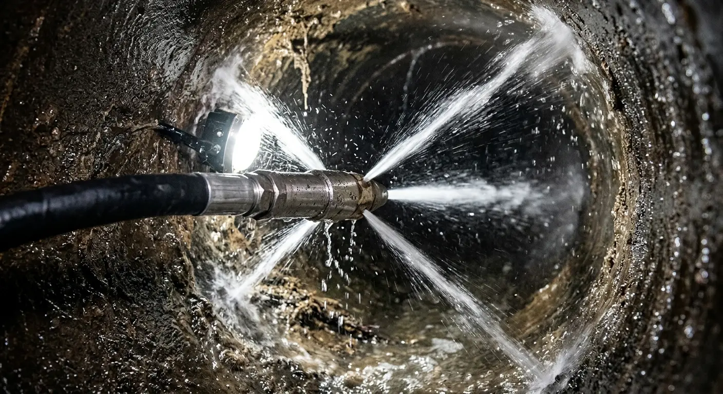 High-pressure hydro jetting nozzle cleaning sewer pipe for Sewer Cleanout in Charles City