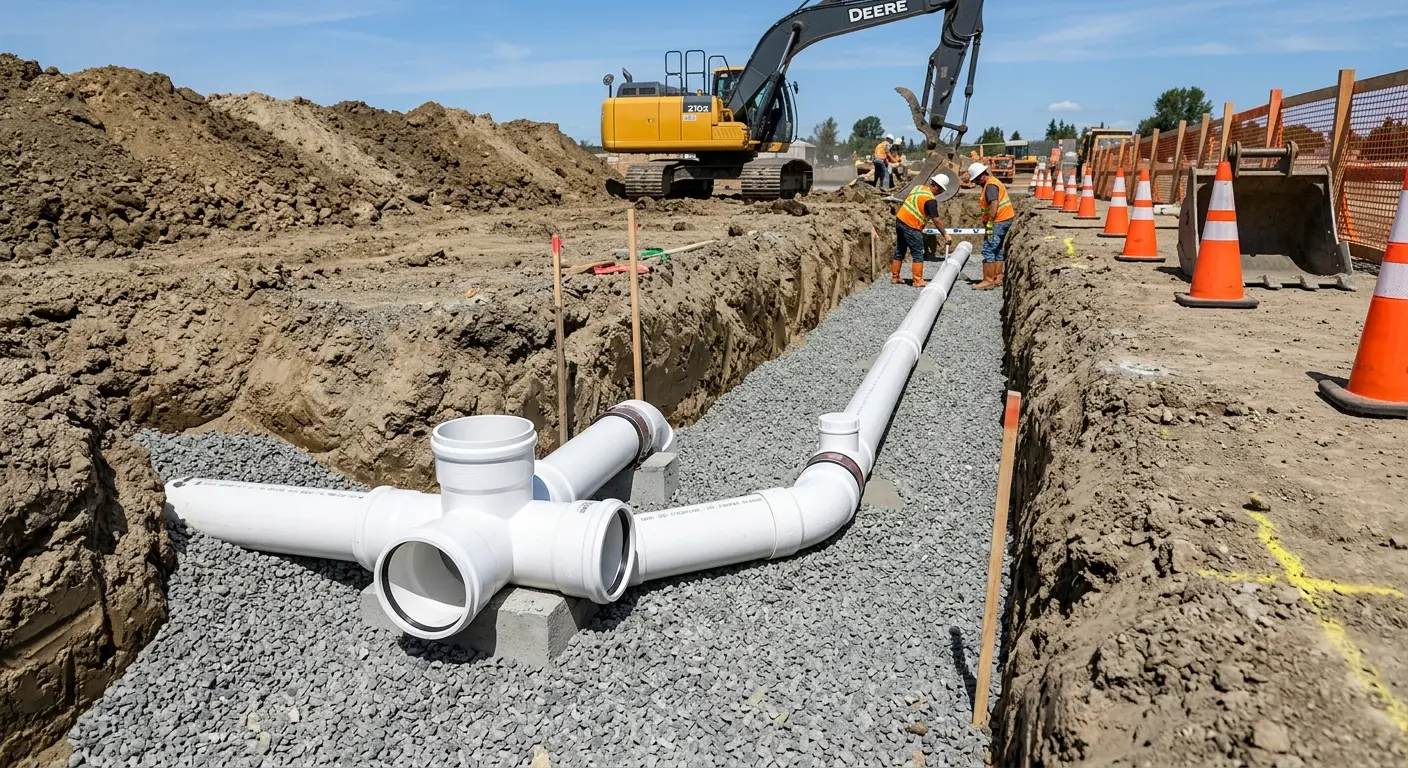New PVC sewer pipe installation in open trench for Grease Trap Cleaning in Charles City