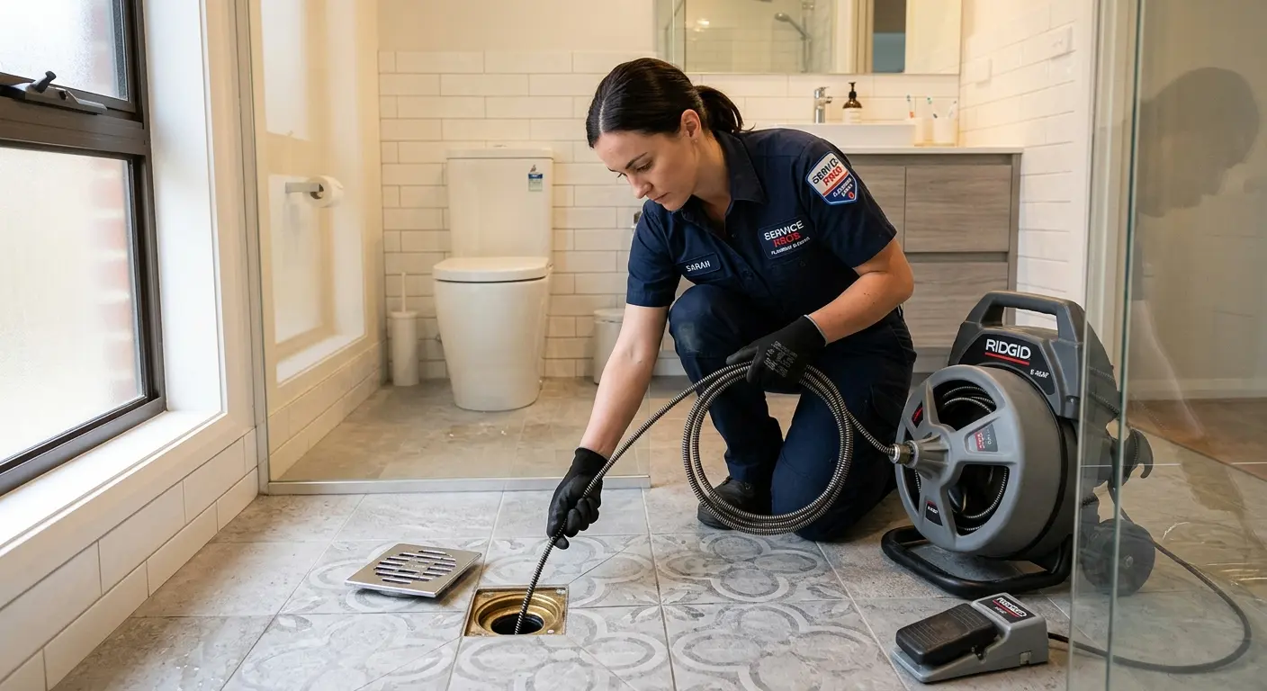 Technician clearing a bathroom floor drain for Drain Repair in Charles City